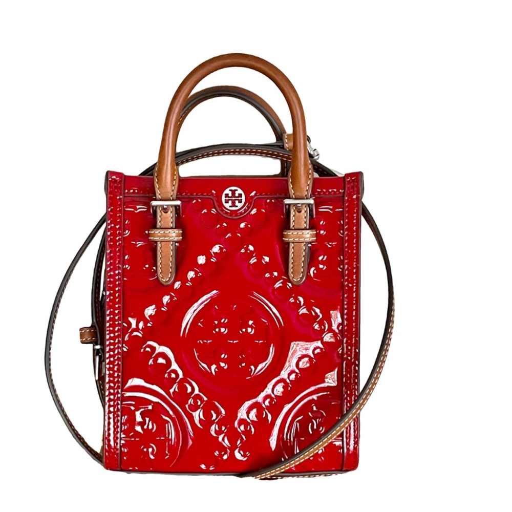 Tory Burch Two-Way 𝑇 𝑀𝑜𝑛𝑜𝑔𝑟𝑎𝑚 Patent/Vachetta Leather Tote
